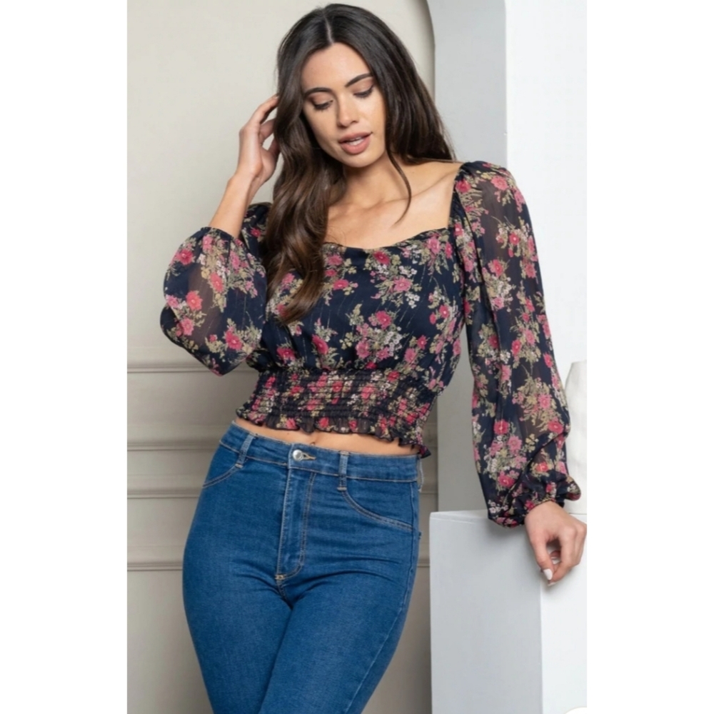 Boho Navy floral chiffon square neck smocked waist sheer ballon sleeve blouse